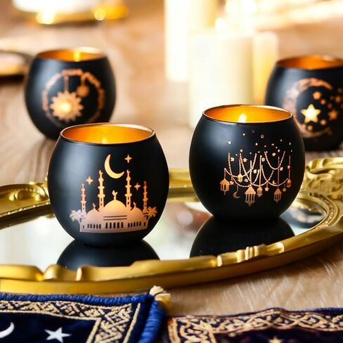ديكور طاولة رمضان 4 قطع، حوامل شموع زجاجية أنيقة باللونين الأسود والذهبي، حاملات شموع نذرية زينة رمضان للمنزل، ديكورات عيد مبارك، هدايا إسلامية للمنزل in Kuwait