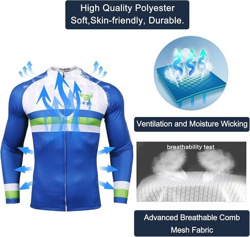 طقم جيرسي لركوب الدراجات للرجال - قميص عاكس للضوء سريع الجفاف لركوب الدراجات وسروال طويل مبطن ثلاثي الأبعاد لركوب الدراجات وأكمام طويلة أزرق in Kuwait