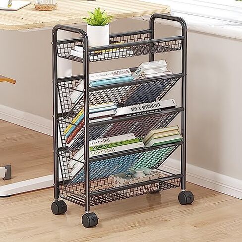 Mobile Bookshelf,Mobile Bookshelf on Wheels – Space-Saving Trolley Metal Bookcase & Corner Shelf for Narrow Areas – Compact Magazine Rack & Desk Orga – Freestanding Design in Saudi Arabia