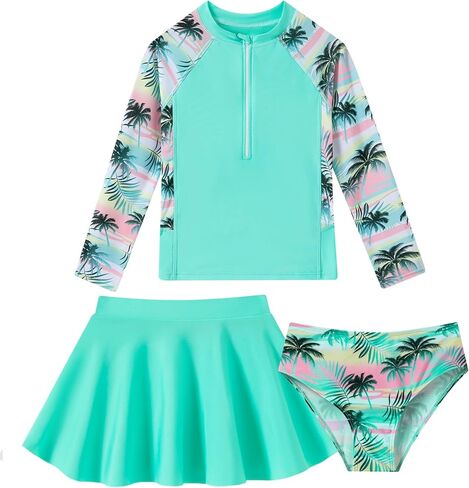 Girls Rash Guard 3 Piece Swimsuit Set UPF 50+ Long Sleeve Swim Skirt Sets Size 6-12 Years in Kuwait