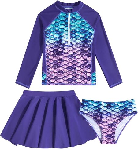 طقم ملابس سباحة للفتيات Rash Guard مكون من 3 قطع بعامل حماية من الأشعة فوق البنفسجية 50+ وتنورة سباحة بأكمام طويلة مقاس 6-12 سنة in Kuwait
