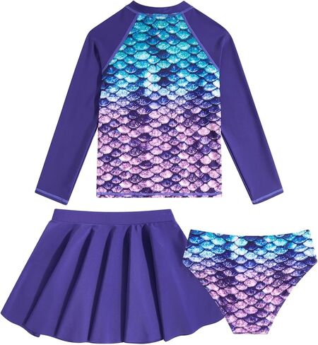 طقم ملابس سباحة للفتيات Rash Guard مكون من 3 قطع بعامل حماية من الأشعة فوق البنفسجية 50+ وتنورة سباحة بأكمام طويلة مقاس 6-12 سنة in Kuwait