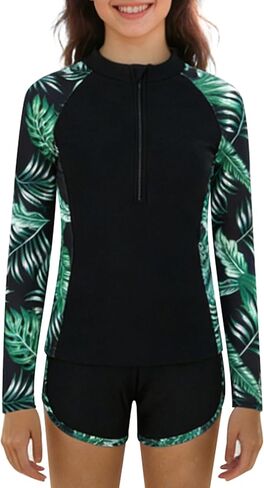 قميص سباحة للفتيات بطباعة استوائية من Rash Guard مع شورت لملابس السباحة الرياضية للفتيات مقاس 9-16 سنة in Kuwait