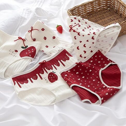 Women’s Cute Panties 5 Pack, Strawberry Heart Lace Soft Breathable Kawaii Mid-Rise Underwear Briefs for Girls in Saudi Arabia