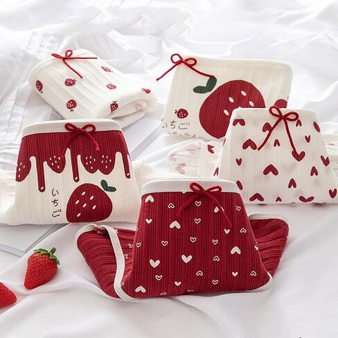 Women’s Cute Panties 5 Pack, Strawberry Heart Lace Soft Breathable Kawaii Mid-Rise Underwear Briefs for Girls in Saudi Arabia
