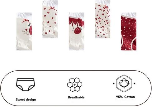 Women’s Cute Panties 5 Pack, Strawberry Heart Lace Soft Breathable Kawaii Mid-Rise Underwear Briefs for Girls in Saudi Arabia