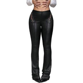 WDIRARA Women's Lace Up Faux Leather Flare Pants Goth Punk Bootcut Pants in Saudi Arabia