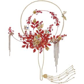 Bridal Hand Fans Red Metal Leaves Flowers Sparkly Beaded Chinese Wedding Bouquet Brides Holder Fan in Saudi Arabia