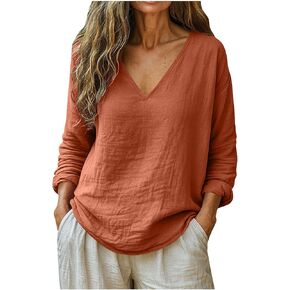 Linen Shirts for Women Spring Trendy Long Sleeve V Neck Loose Dressy Blouses Cotton Summer Beach Boho Casual Outfits in Kuwait
