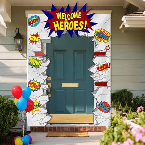 Preboun Hero Party Decorations Banner مرحبًا بكم عيد ميلاد البطل زخرفة الشرفة الشرفة متعة الهالوين معلقة لافتة خلفية لشرفة جدار الباب. in Kuwait