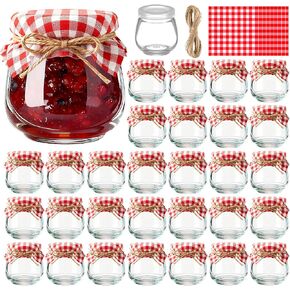 LemonRoad 30 Pack Mini Yogurt Jars 3.4 oz Glass Bottles with Plastic Lids for Jam, Honey, Wedding Favors, Shower Favors, Birthday Party Decor Mason Jar with Checkered Cloth and Rope(Red,White) in Kuwait