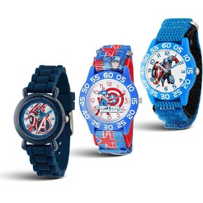 Marvel Captain America 3-Pack Watch Set for Kids Ages 4–7 – Featuring Shield, Action Pose and Star Dial Designs – Red, Blue and Black Bezels with Matching Nylon Straps – GET 2 Mystery Bonus Watches in Kuwait