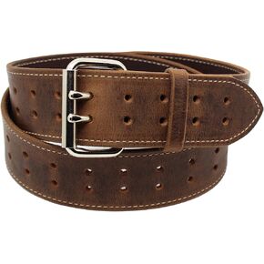 Forest Hill Leather by Isaac Construction Grade, Two Prong, Heavy Duty, Full Grain Leather Belt, 2" Wide, Made in USA (Distressed Brown, Natural Stitch, Silver Buckle, 44 (Waist 42)) in Saudi Arabia