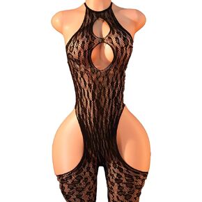 FHSEER-Body Stocking Women Black Lace One Piece Bodysuit Bodystocking Fishnet Lingerie Leopard Sleeve Mesh Body Suits in Saudi Arabia