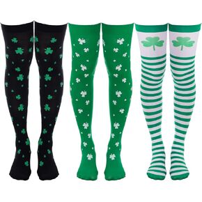 baotongle 3 Pairs St. Patrick Day Women Knee Thigh High Socks Polyester Long Thigh High Shamrock Stripe Party Socks for Costume in Kuwait