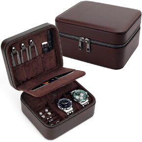 Travel Watch Case for Men, Watch Box with Ring Rolls & Accessory Compartments, PU Leather Portable Men's Jewelry Organizer, Fits up to 50mm Watches, Gift for Him (Large – 2 Slot) in Saudi Arabia