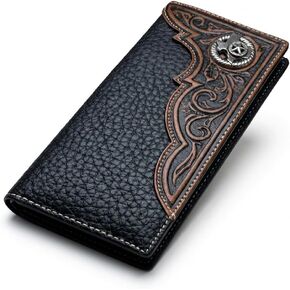 Men’s Long Leather Wallet – Tooled Inlay with Texas State and Star Concho – Western Cowboy Bifold Checkbook Wallet for Texans, Ranchers & Rodeo Gift Ideas in Saudi Arabia