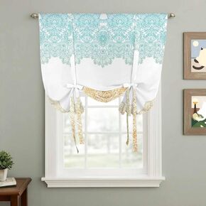 Teal Yellow Boho Tie Up Curtains for Window, Vintage Ethnic Tribe Abstract Art Thermal Insulated Balloon Shade Adjustable Rod Pocket Curtains Valance Panels for Kitchen Bathroom Café 34'' x 45'' in Saudi Arabia
