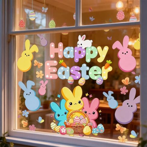 9 Sheets Easter Window Clings Easter Bunny Eggs Window Decals Oil Painting Happy Eggs Bunny Stickers for Party Gifts Home Office School Holiday Decor Spring Glass Decoration in Saudi Arabia