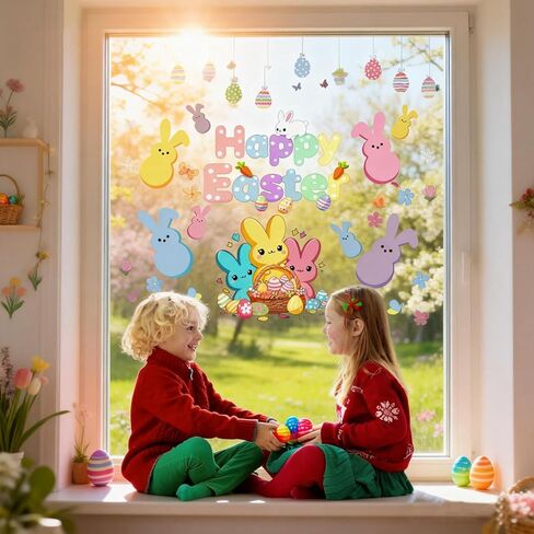 9 Sheets Easter Window Clings Easter Bunny Eggs Window Decals Oil Painting Happy Eggs Bunny Stickers for Party Gifts Home Office School Holiday Decor Spring Glass Decoration in Saudi Arabia