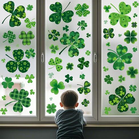 St Patricks Day Window Clings, 118PCS Green Shamrock Window Stickers, Removable No Residue Lucky Irish Decor for Home, Party, Bar, Easy to Apply in Saudi Arabia