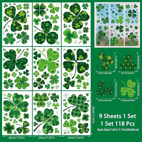St Patricks Day Window Clings, 118PCS Green Shamrock Window Stickers, Removable No Residue Lucky Irish Decor for Home, Party, Bar, Easy to Apply in Saudi Arabia