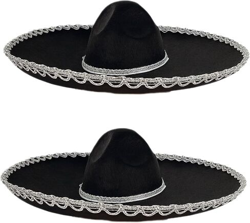 GiftExpress 2-Pack Adult Black Sombrero Hat, 18-Inch Wide – Mariachi-Style Costume Sombrero with Silver Braid Trim, Polyester, One Size Fits Most in Saudi Arabia