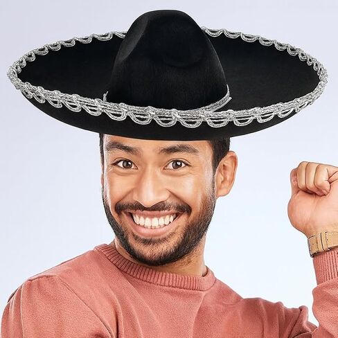GiftExpress 2-Pack Adult Black Sombrero Hat, 18-Inch Wide – Mariachi-Style Costume Sombrero with Silver Braid Trim, Polyester, One Size Fits Most in Saudi Arabia