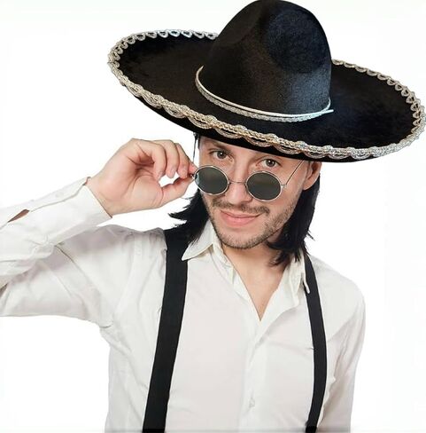 GiftExpress 2-Pack Adult Black Sombrero Hat, 18-Inch Wide – Mariachi-Style Costume Sombrero with Silver Braid Trim, Polyester, One Size Fits Most in Saudi Arabia