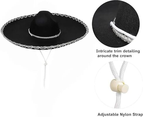 GiftExpress 2-Pack Adult Black Sombrero Hat, 18-Inch Wide – Mariachi-Style Costume Sombrero with Silver Braid Trim, Polyester, One Size Fits Most in Saudi Arabia