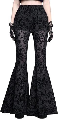 GORGLITTER Women's Lace Bell Bottom Pants Mesh Flare Leg High Waisted Sheer Sexy Gothic Leggings Trousers in Saudi Arabia
