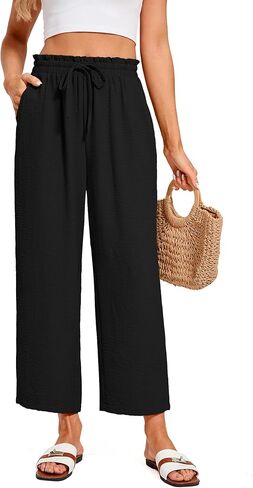Wide Leg Pants Woman Casual Flowy Palazzo High Waist Cropped Trousers with Pockets Summer Beach Vacation Clothes in Saudi Arabia