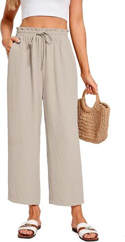 Wide Leg Pants Woman Casual Flowy Palazzo High Waist Cropped Trousers with Pockets Summer Beach Vacation Clothes in Saudi Arabia