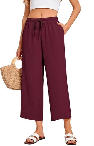 Palazzo Pants for Women Casual Wide Leg Cropped Beach Pants Loose Boho Flowy Trousers with Pockets Summer Outfit 2026 in Saudi Arabia
