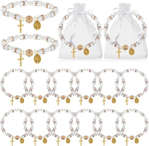 Taiyin Rosary Bracelet Bulk with Mesh Bags, White Religious Rosary Bead Bracelet Catholic Bracelets, Baptism First Communion Gifts for Women in Saudi Arabia