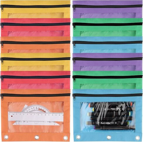 12 Pcs 3 Ring Binder Pencil Pouch,6 Assorted Colors Bulk Zipper Pencil Cases,Pencil Pouches with Clear Window for Office Supplies College, Cloth Pencil Bag Fits 3 Hole Binder in Saudi Arabia