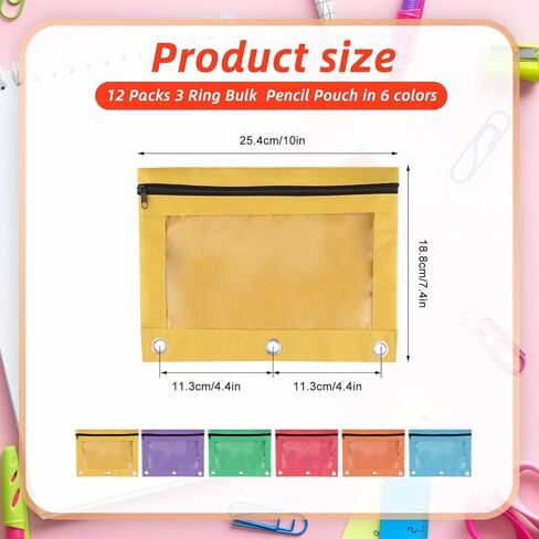 12 Pcs 3 Ring Binder Pencil Pouch,6 Assorted Colors Bulk Zipper Pencil Cases,Pencil Pouches with Clear Window for Office Supplies College, Cloth Pencil Bag Fits 3 Hole Binder in Saudi Arabia