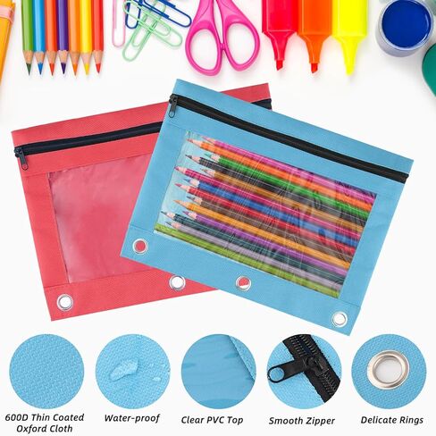 12 Pcs 3 Ring Binder Pencil Pouch,6 Assorted Colors Bulk Zipper Pencil Cases,Pencil Pouches with Clear Window for Office Supplies College, Cloth Pencil Bag Fits 3 Hole Binder in Saudi Arabia