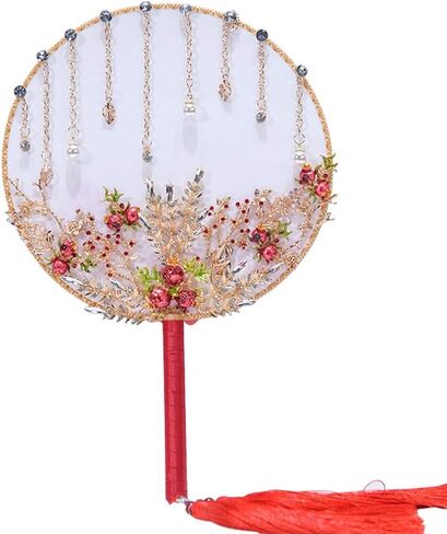 Vintage Chinese Wedding Bridal Circular Fan Bouquet Beaded Flower Handheld with Tassel in Saudi Arabia