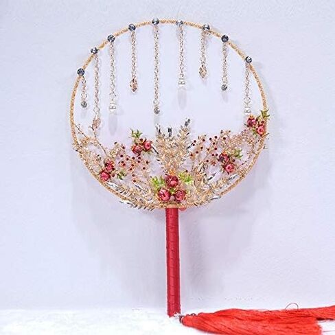 Vintage Chinese Wedding Bridal Circular Fan Bouquet Beaded Flower Handheld with Tassel in Saudi Arabia