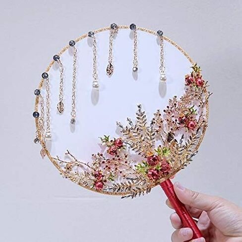Vintage Chinese Wedding Bridal Circular Fan Bouquet Beaded Flower Handheld with Tassel in Saudi Arabia