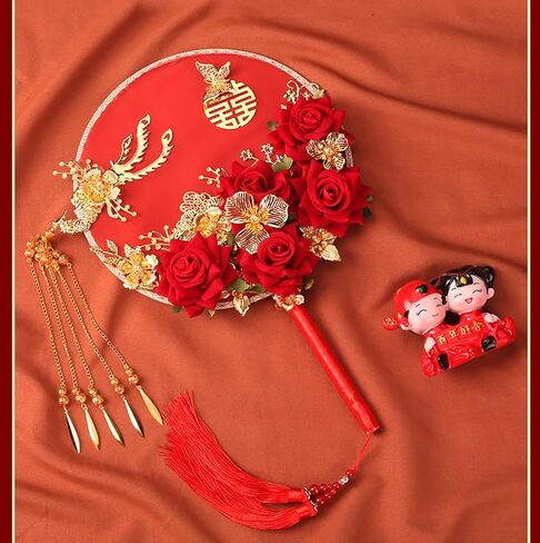 Wedding Fans for Guests Chinese Round Fan Valentine's Day Hand Fan with Roses Translucent Silk Handheld Fan Vintage Double-Sided Pattern Fan for Mates, Wife, Lover (Size : D) in Saudi Arabia