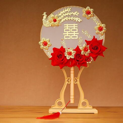 Wedding Fans for Guests Chinese Round Fan Valentine's Day Hand Fan with Roses Translucent Silk Handheld Fan Vintage Double-Sided Pattern Fan for Mates, Wife, Lover (Size : D) in Saudi Arabia