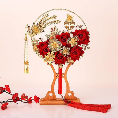 Wedding Fans for Guests Chinese Round Fan Valentine's Day Hand Fan with Roses Translucent Silk Handheld Fan Vintage Double-Sided Pattern Fan for Mates, Wife, Lover (Size : D) in Saudi Arabia