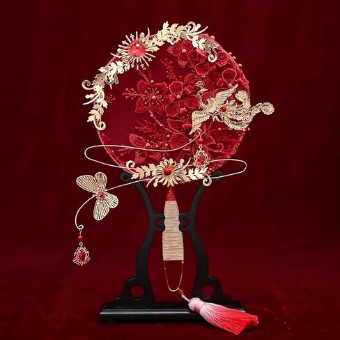 Vintage Red Lace Appliques Bridal Fan Bouquet Gold Beaded Metal Round Hand Wedding Accessories in Saudi Arabia
