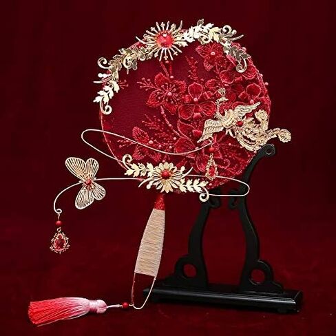 Vintage Red Lace Appliques Bridal Fan Bouquet Gold Beaded Metal Round Hand Wedding Accessories in Saudi Arabia