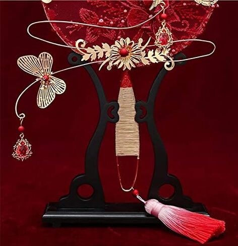 Vintage Red Lace Appliques Bridal Fan Bouquet Gold Beaded Metal Round Hand Wedding Accessories in Saudi Arabia