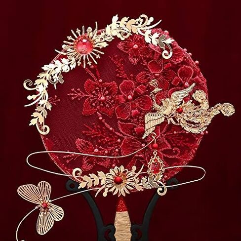 Vintage Red Lace Appliques Bridal Fan Bouquet Gold Beaded Metal Round Hand Wedding Accessories in Saudi Arabia