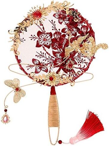 Vintage Red Lace Appliques Bridal Fan Bouquet Gold Beaded Metal Round Hand Wedding Accessories in Saudi Arabia
