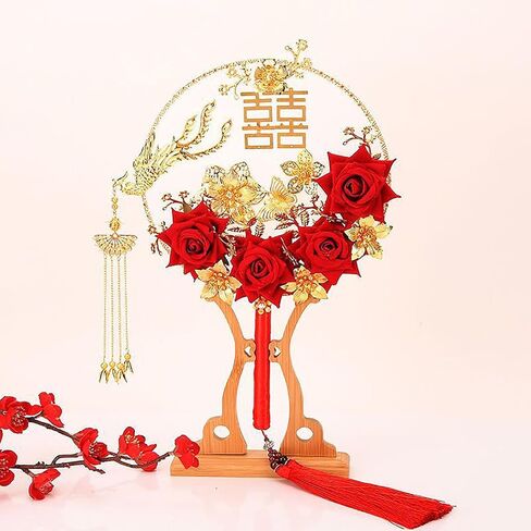 Valentine's Day Hand Fan with Roses Chinese Wedding Fans Chinese New Year Decoration Hand Fans for Women Wedding with Chinese Rose Fans for Wedding Favors (Size : A) in Saudi Arabia